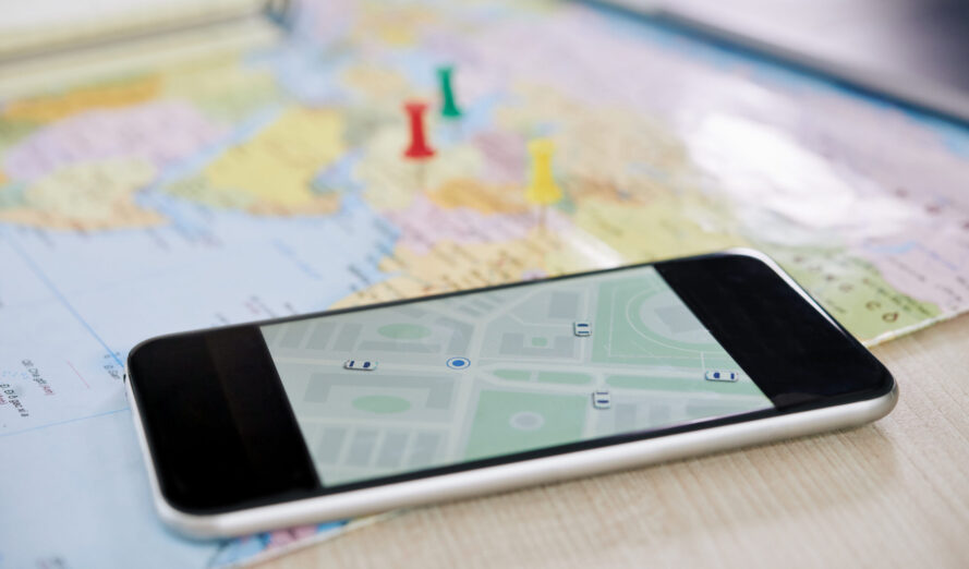 Closeup of smartphone with GPS application
